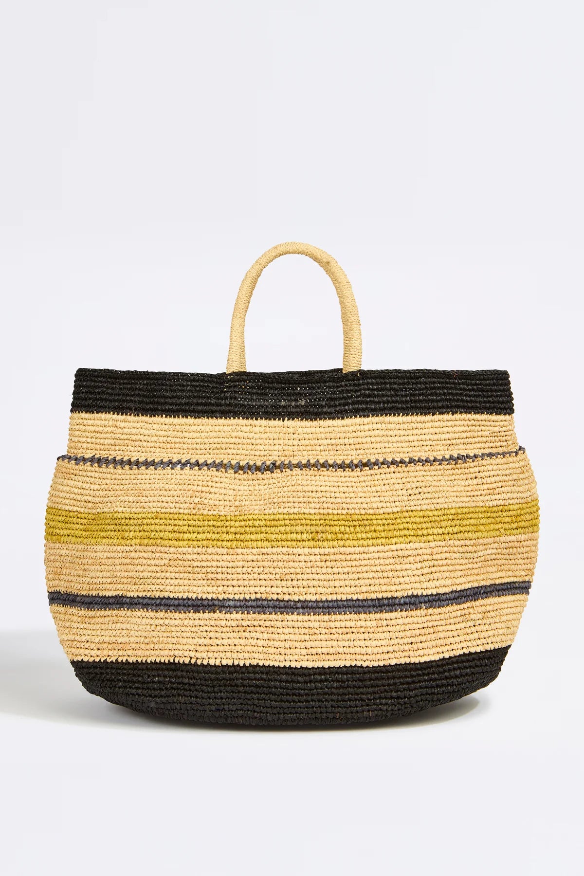 Bolso tote de bolas de rayas en rafia natural tejida a mano, doble asa.
