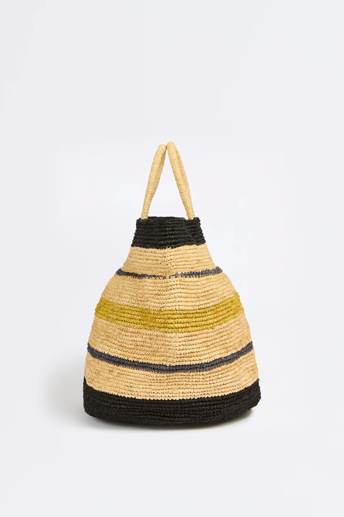 Bolso tote de bolas de rayas en rafia natural tejida a mano, doble asa.