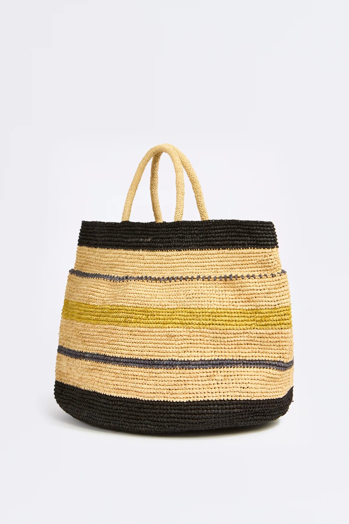 Bolso tote de bolas de rayas en rafia natural tejida a mano, doble asa.