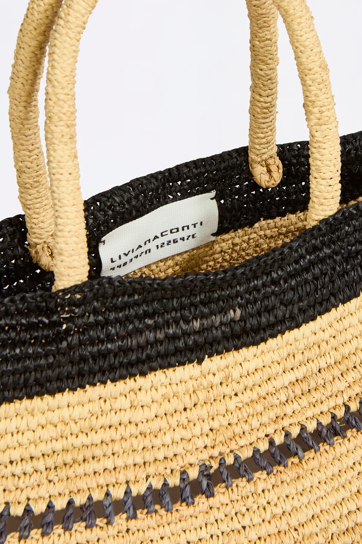 Bolso tote de bolas de rayas en rafia natural tejida a mano, doble asa.